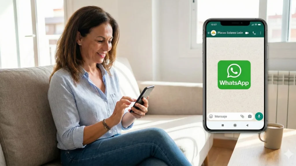 Mujer consultando por WhatsApp información y presupuesto gratuito para la instalación de placas solares en León desde su teléfono móvil.