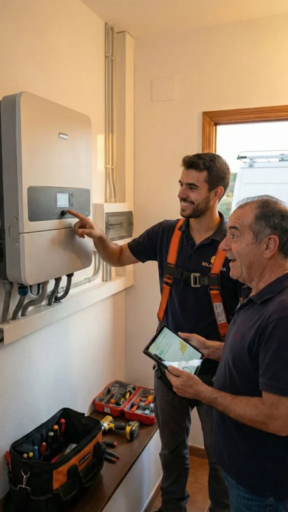 Técnicos especialistas realizando mantenimiento de energía solar fotovoltaica en Castilla y León