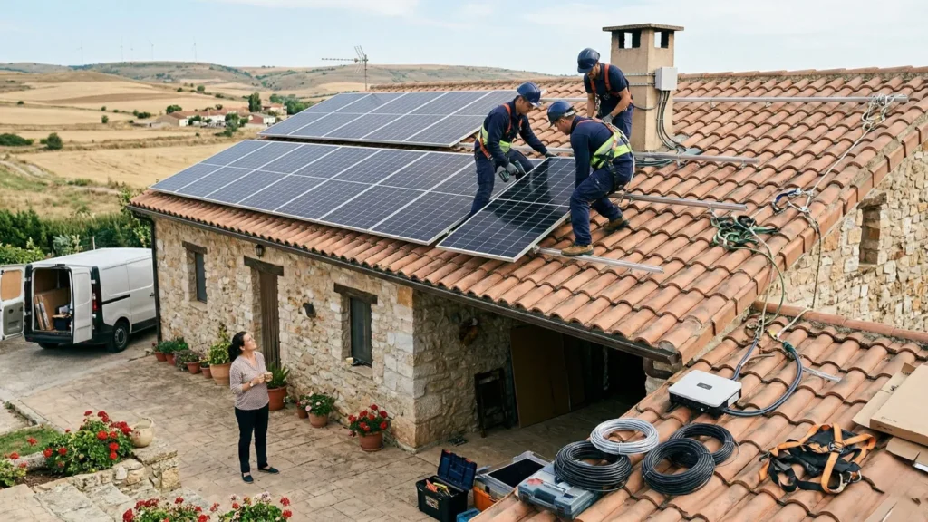 electricistas instalando placas solares en una casa unifamiliar de palencia